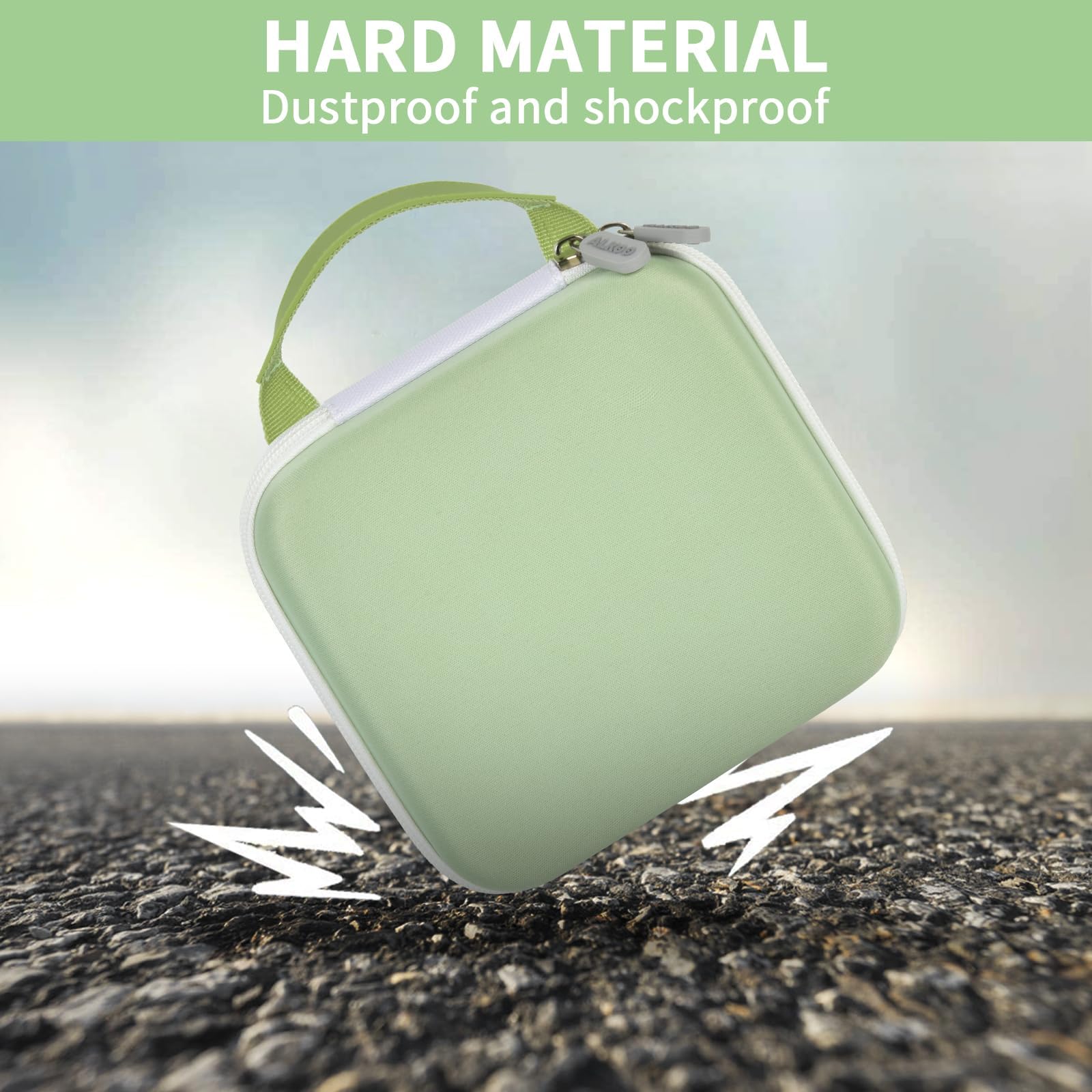 Light green NIIMBOT printer case demonstrating dustproof and shockproof hard-shell protection