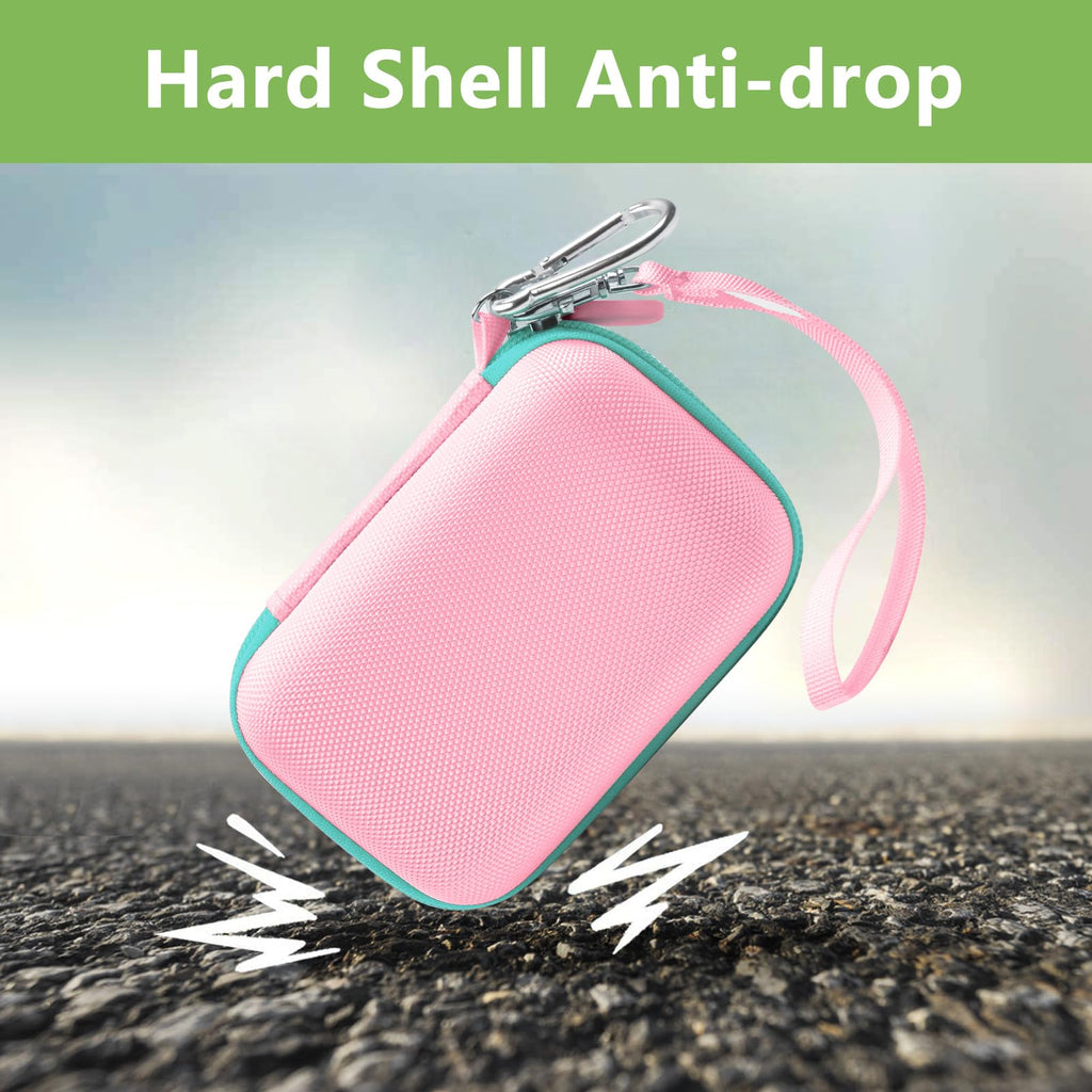 Pink and mint green hard-shell JBL Go speaker case demonstrating anti-drop protection
