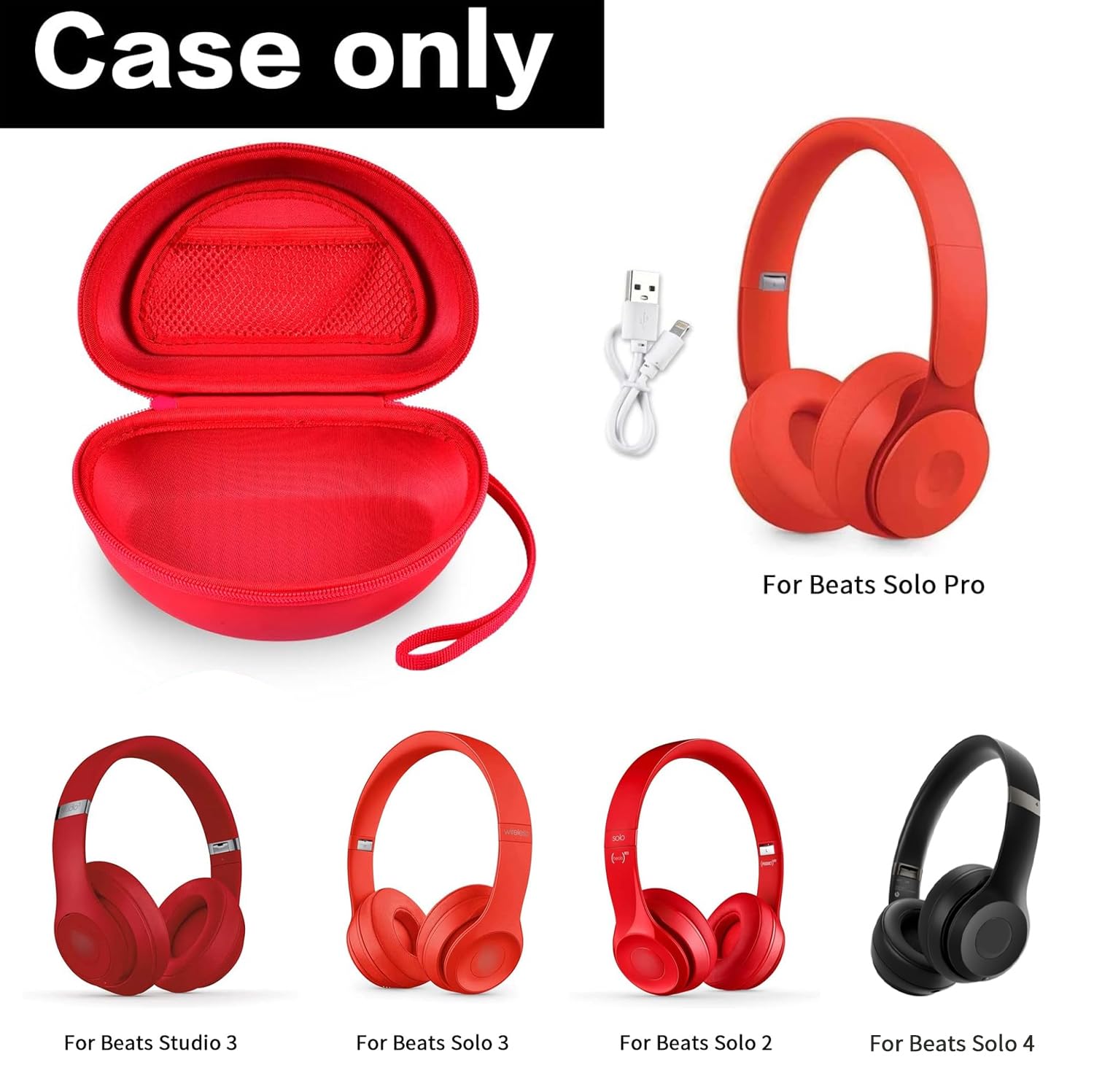 Open red foldable headphone case shown with compatible Beats Solo and Studio headphones; case only