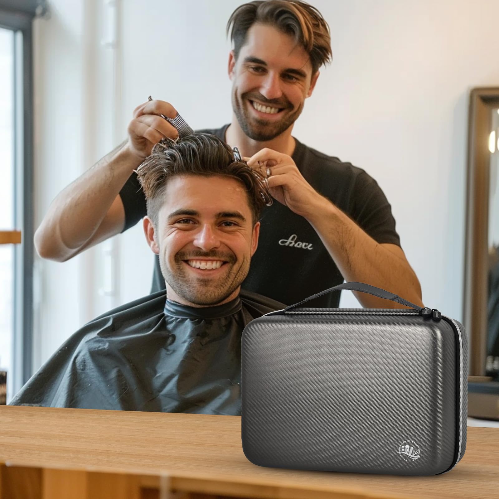 Barber styling a customer's hair beside the closed gray clipper case