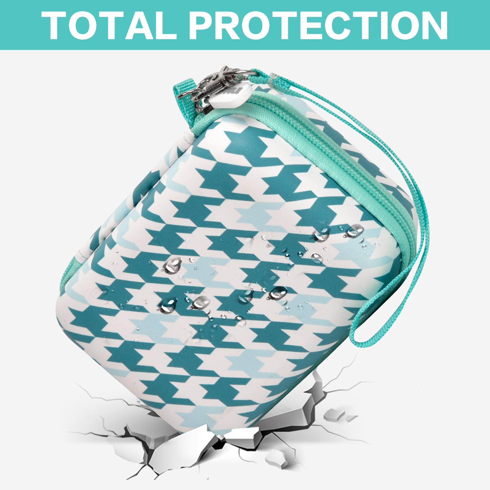 Teal houndstooth label maker case demonstrating full protective construction