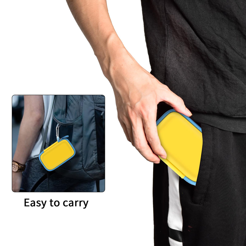 Person carrying the yellow and blue SSD case by its carabiner