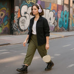 Woman wearing headphones and carrying the beige case by its wrist strap