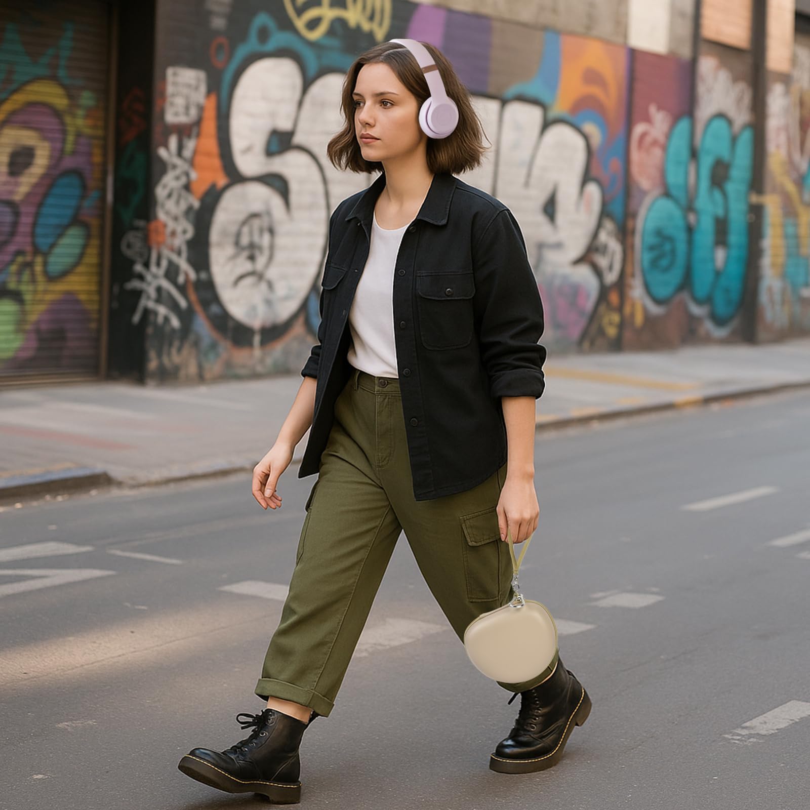 Woman wearing headphones and carrying the beige case by its wrist strap