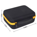 Black and yellow label maker case dimensions: 8.85 by 6.5 by 3.93 inches