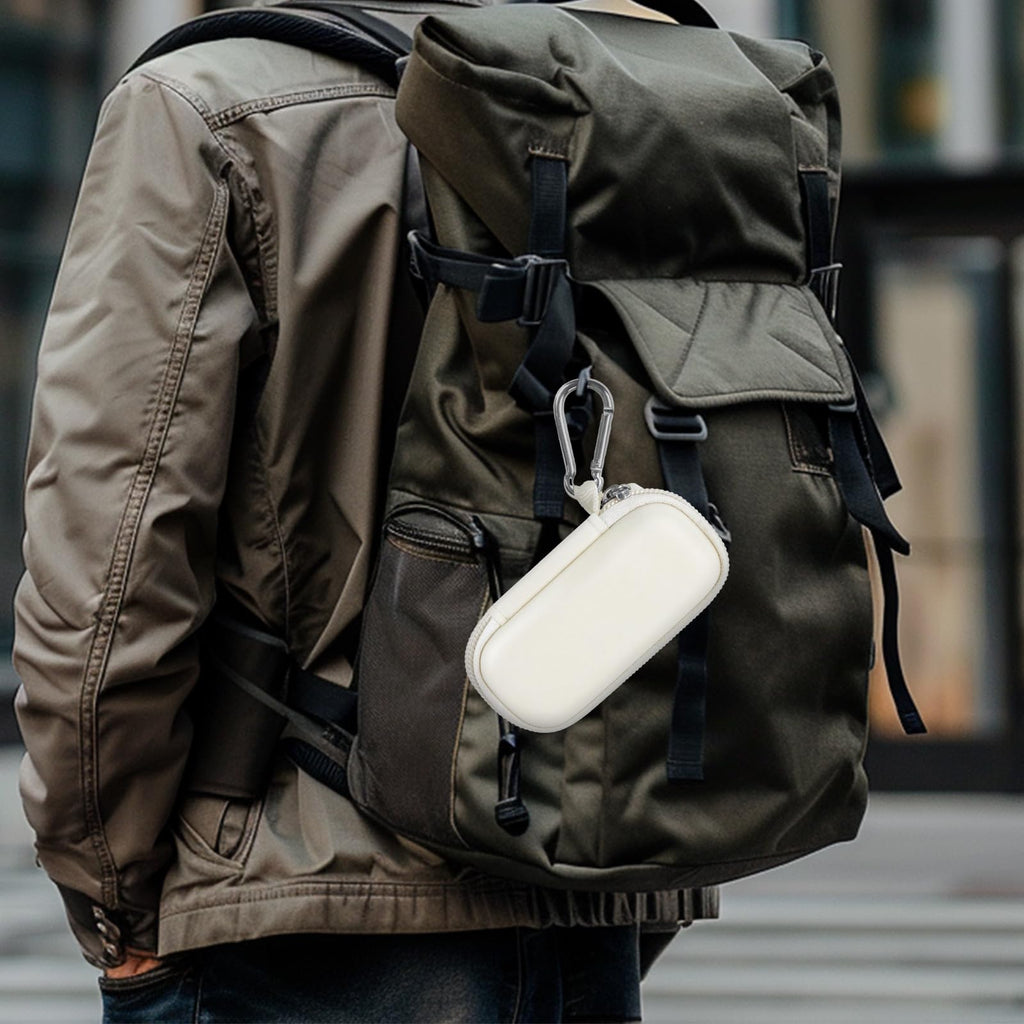 White USB flash drive and SD card storage case clipped to a backpack