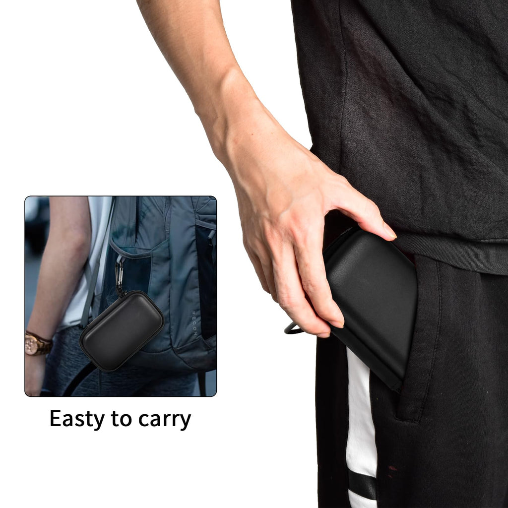 Person carrying the black SSD case by its carabiner