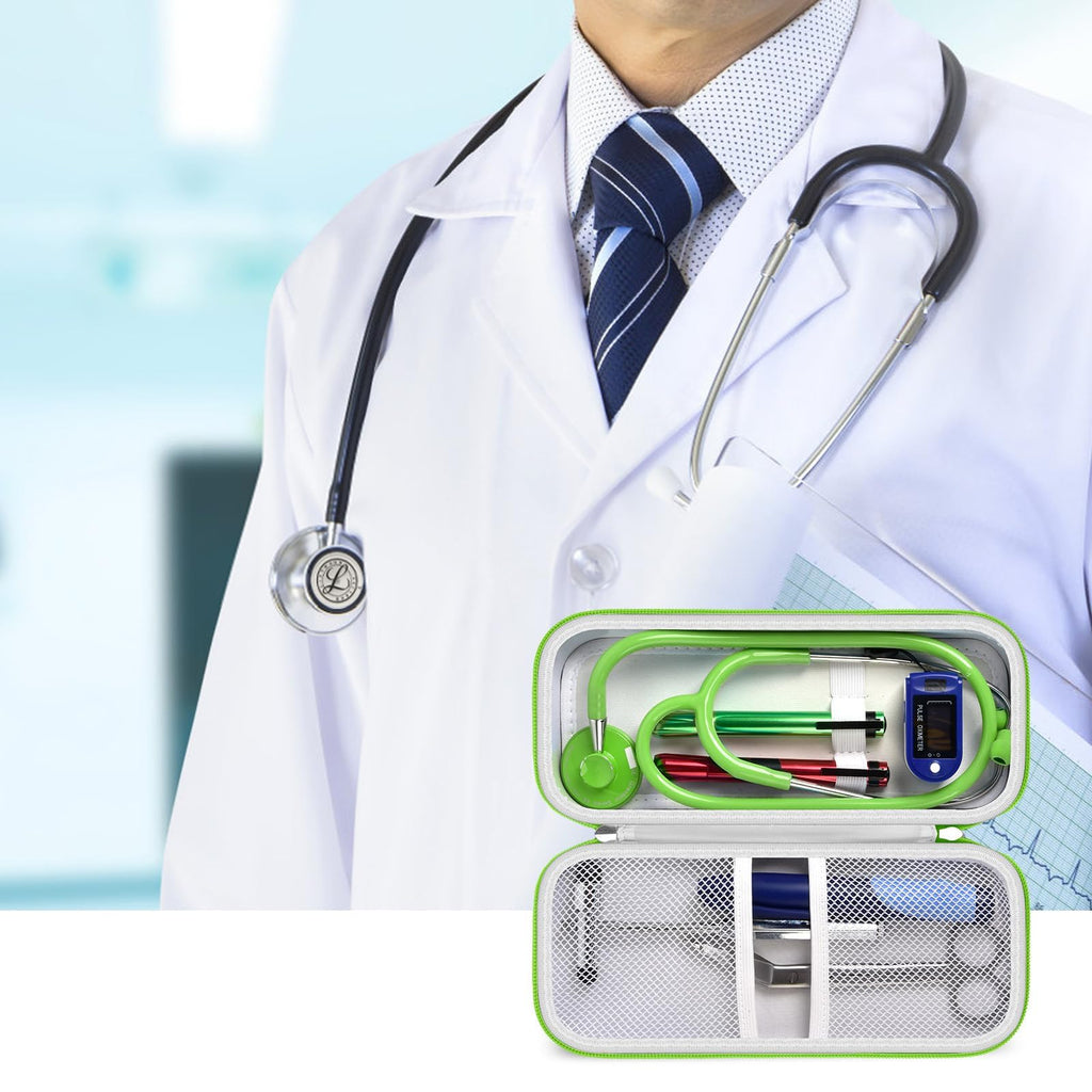 Doctor with an open bright green stethoscope organizer case for medical accessories