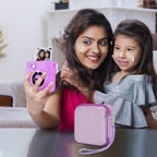 Lavender kids instant print camera case carried by a child outdoors