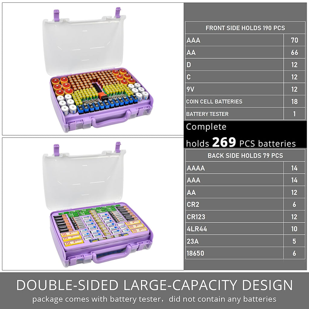 Purple 269-slot battery organizer case capacity chart for 269 battery slots
