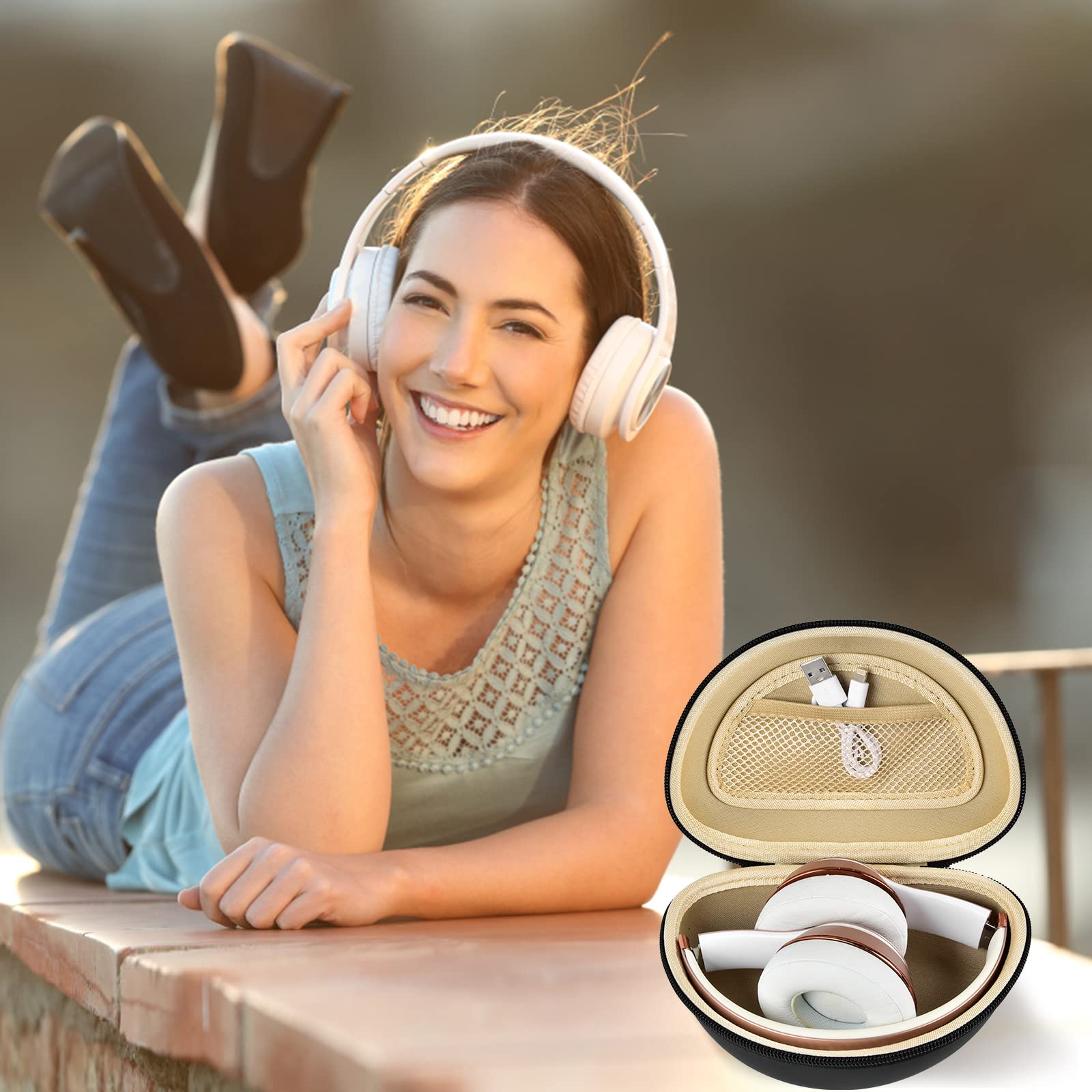 Woman wearing headphones beside the open beige and black carrying case