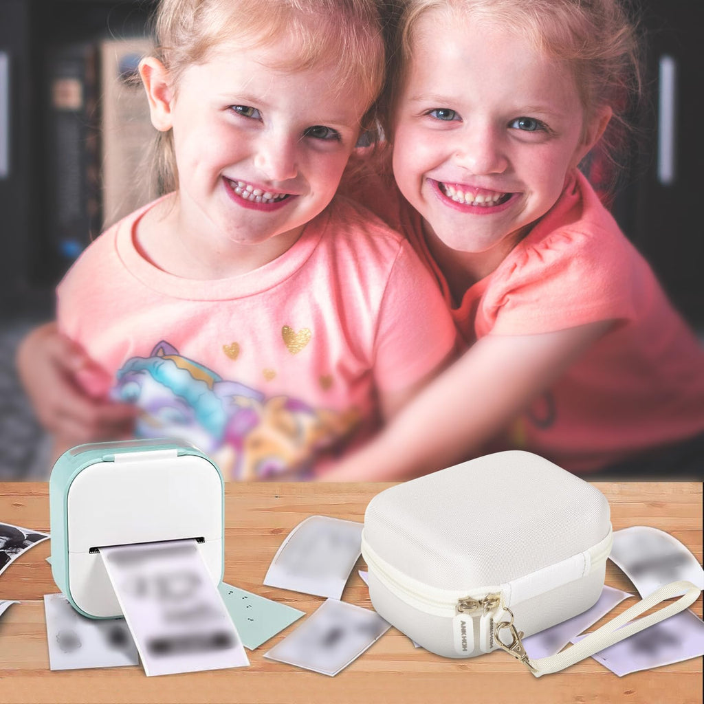 Children using a mini label printer beside the white carrying case