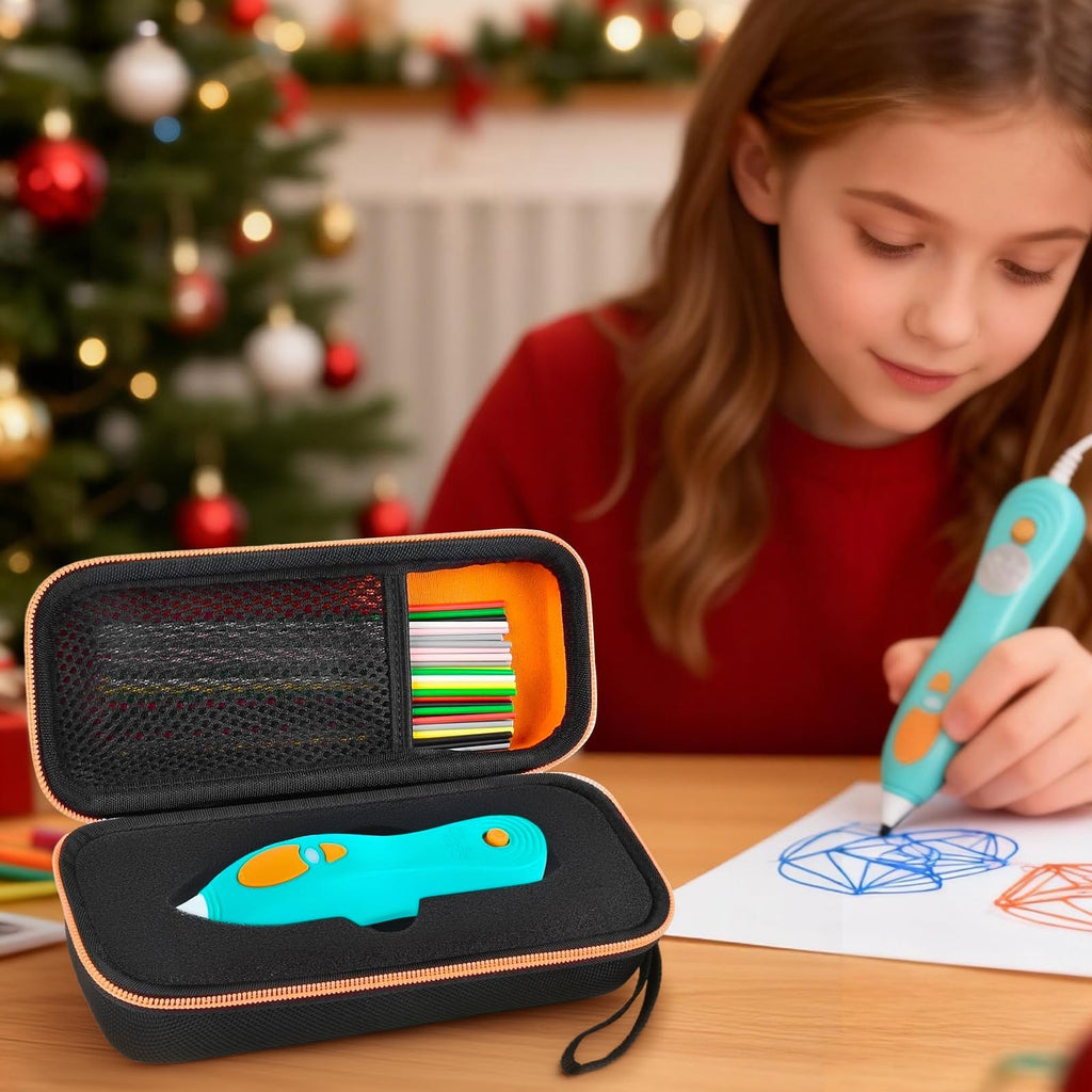 Girl using a 3D printing pen beside the open black and orange organizer
