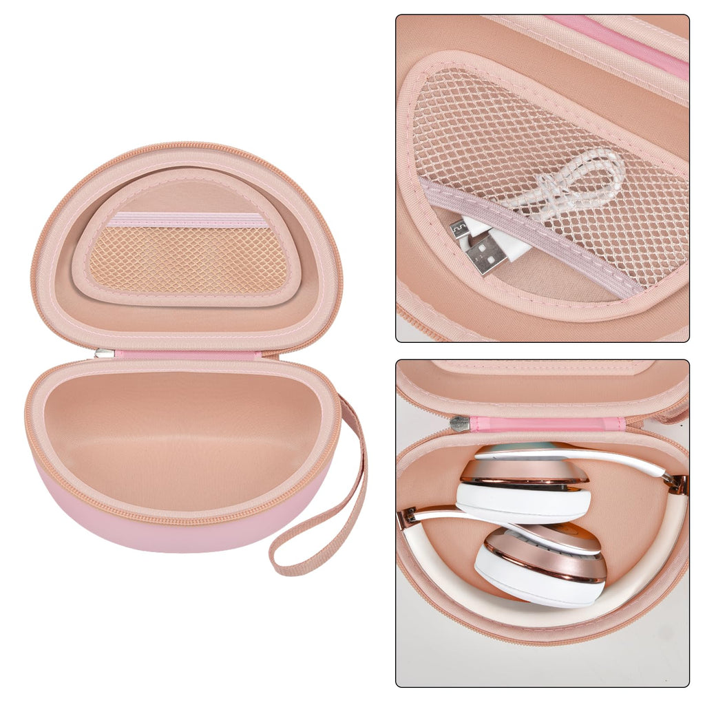 Open pink headphone case with mesh accessory pocket and folded over-ear headphones