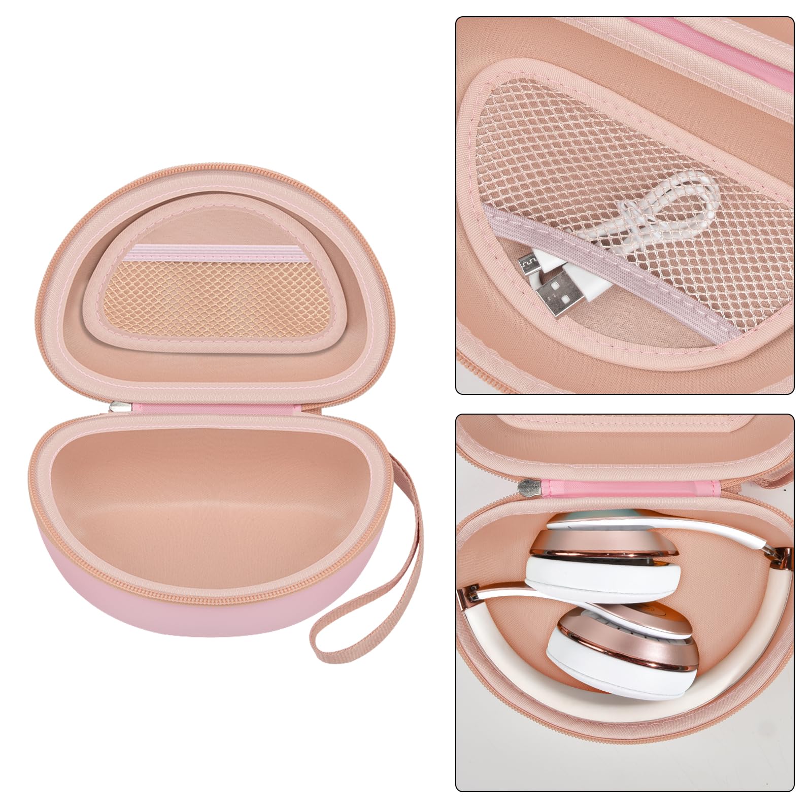 Open pink headphone case with mesh accessory pocket and folded over-ear headphones
