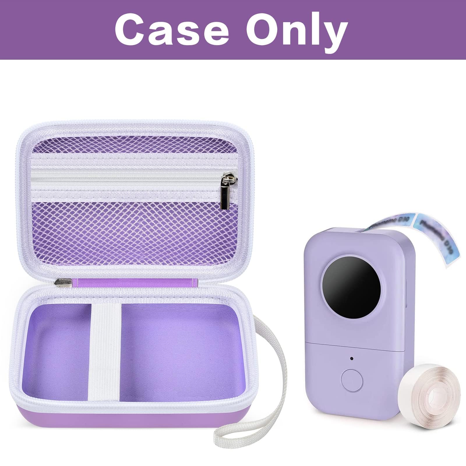 Open purple label maker case with mesh pocket and divided interior; case only