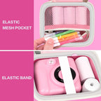Pink kids instant print camera case interior mesh pocket and elastic strap detail