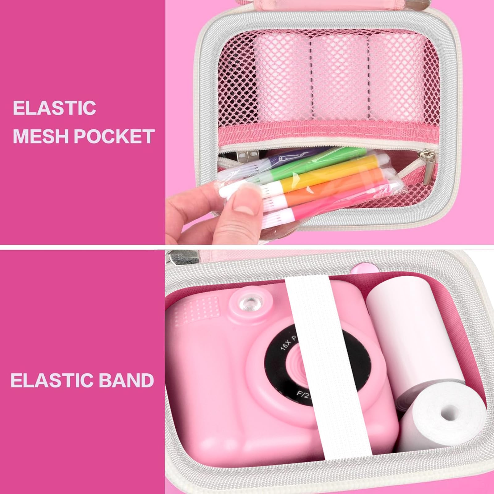 Pink kids instant print camera case interior mesh pocket and elastic strap detail