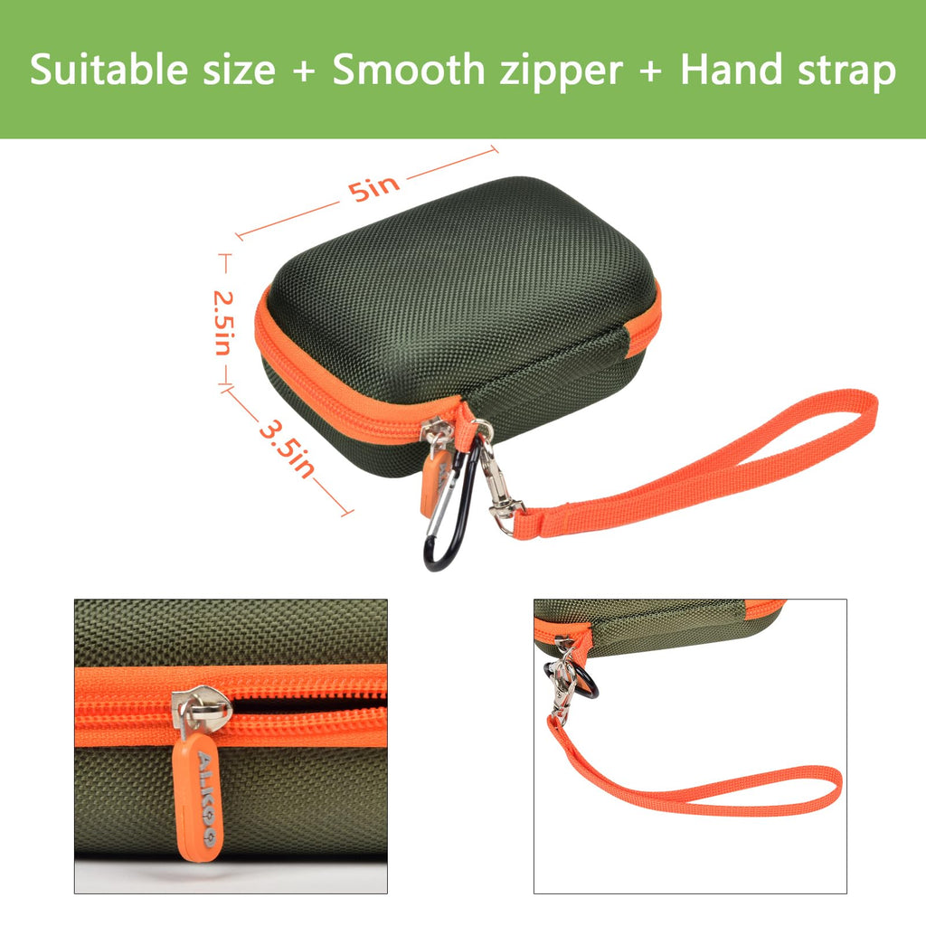 Dark green and orange JBL Go speaker case dimensions with smooth zipper and detachable hand strap