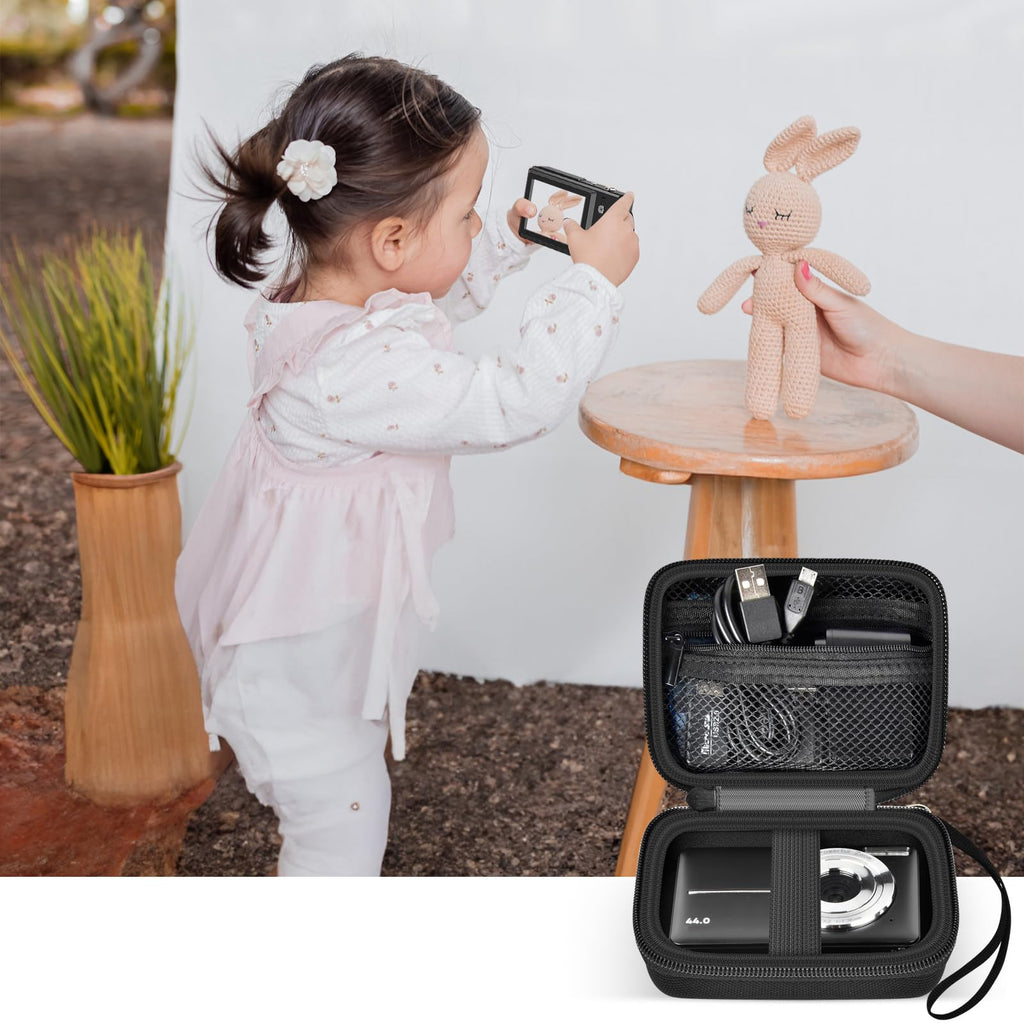 Black protective digital camera case shown beside a child using a compact camera