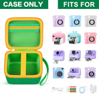 Green kids instant print camera case shown open beside a compatible kids instant print camera and accessories