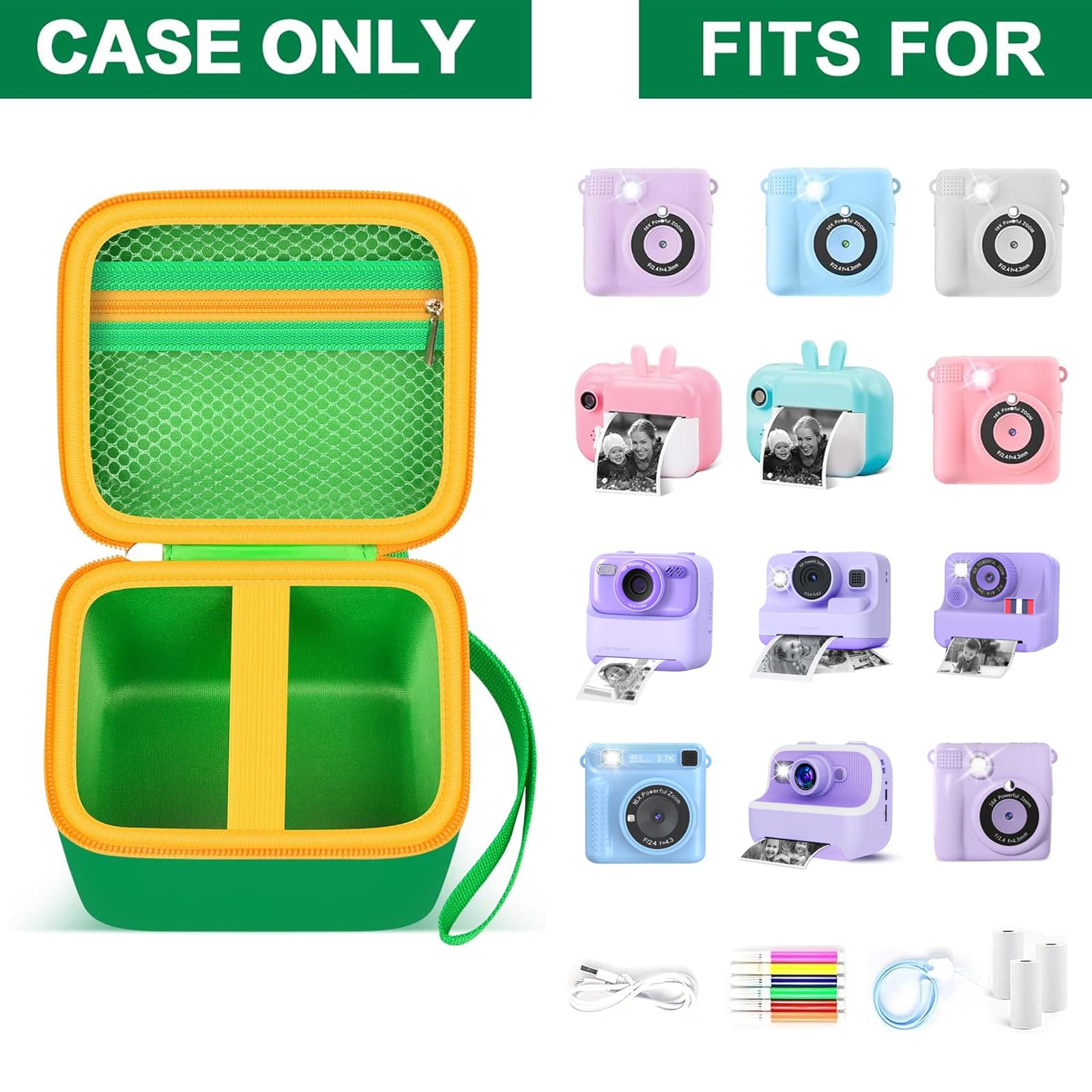 Green kids instant print camera case shown open beside a compatible kids instant print camera and accessories
