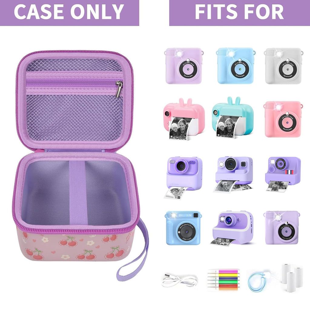 Floral pink kids instant print camera case shown open beside a compatible kids instant print camera and accessories
