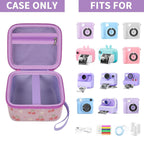 Floral pink kids instant print camera case shown open beside a compatible kids instant print camera and accessories
