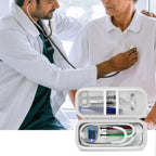 Open white heart-patterned stethoscope organizer case shown during a patient examination