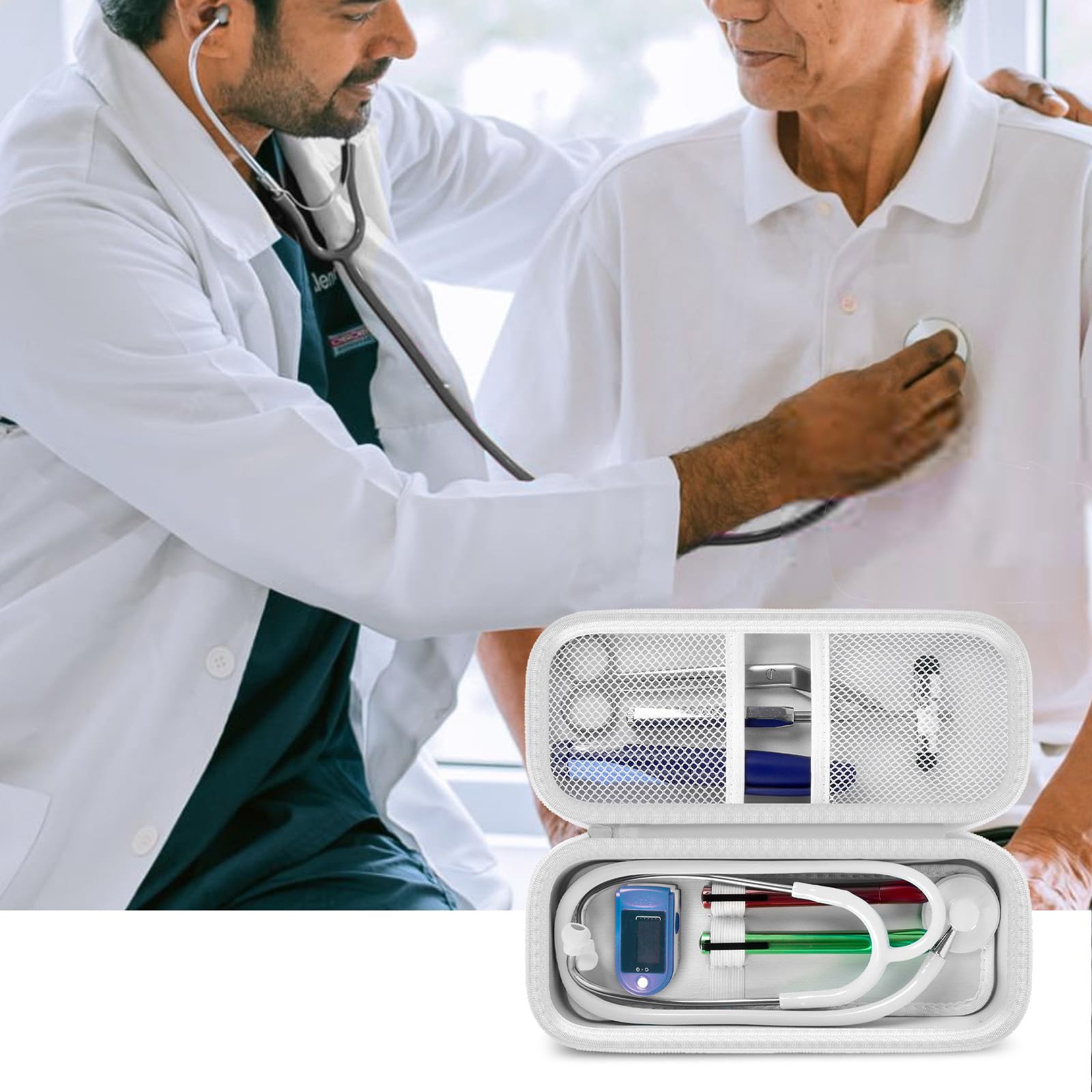 Open white heart-patterned stethoscope organizer case shown during a patient examination