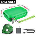 Green 3-in-1 charging station case with dimensions and compatible charging accessories; case only