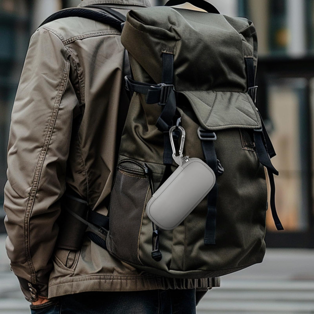 Gray USB flash drive and SD card storage case clipped to a backpack