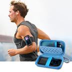 Runner using an MP3 player beside the open bright blue protective case