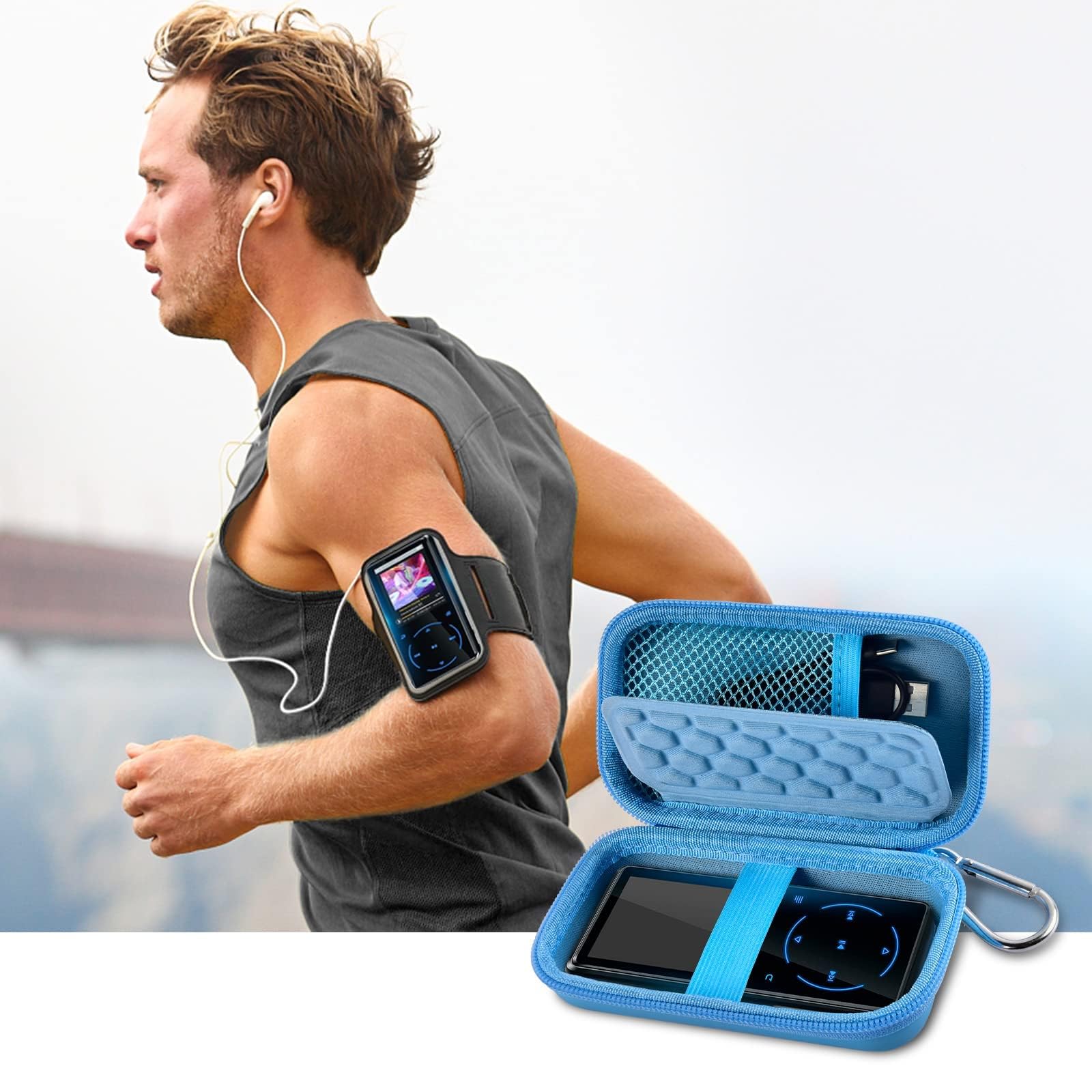 Runner using an MP3 player beside the open bright blue protective case