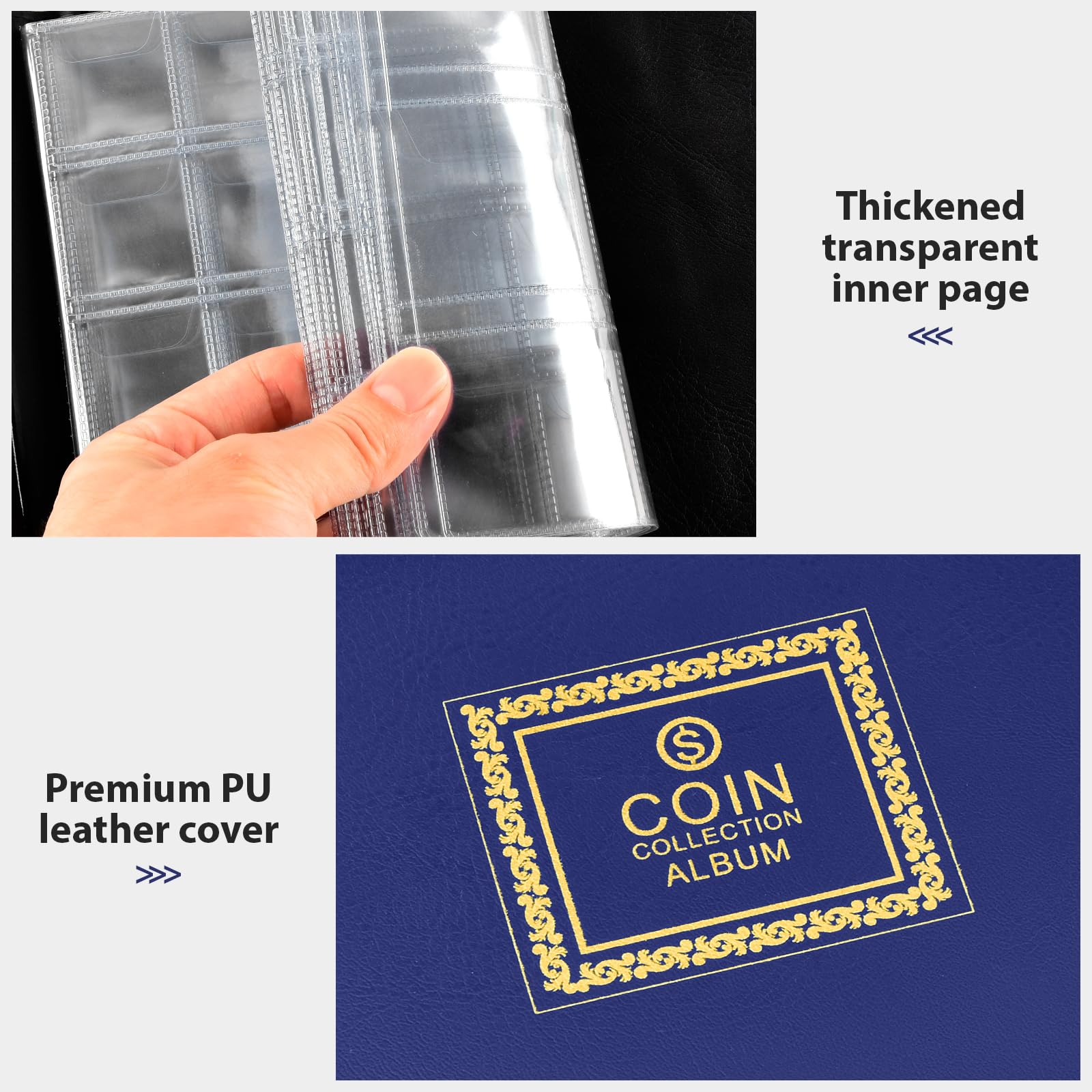 Navy coin album with thick transparent pages and premium PU leather cover
