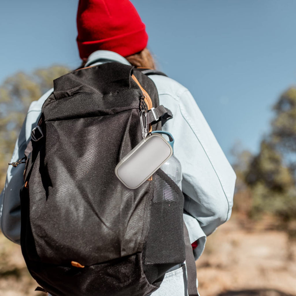 White KardiaMobile case clipped to a hiking backpack