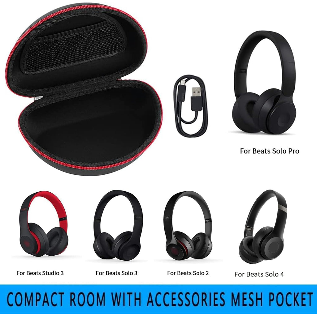 Open black and red case shown with compatible Beats headphones and accessory pocket