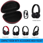 Open black and red case shown with compatible Beats headphones and accessory pocket
