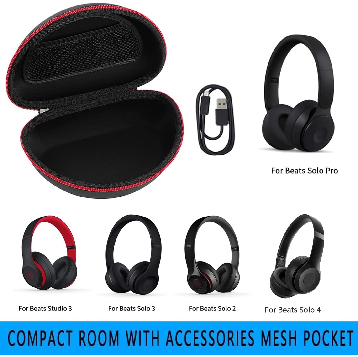 Open black and red case shown with compatible Beats headphones and accessory pocket