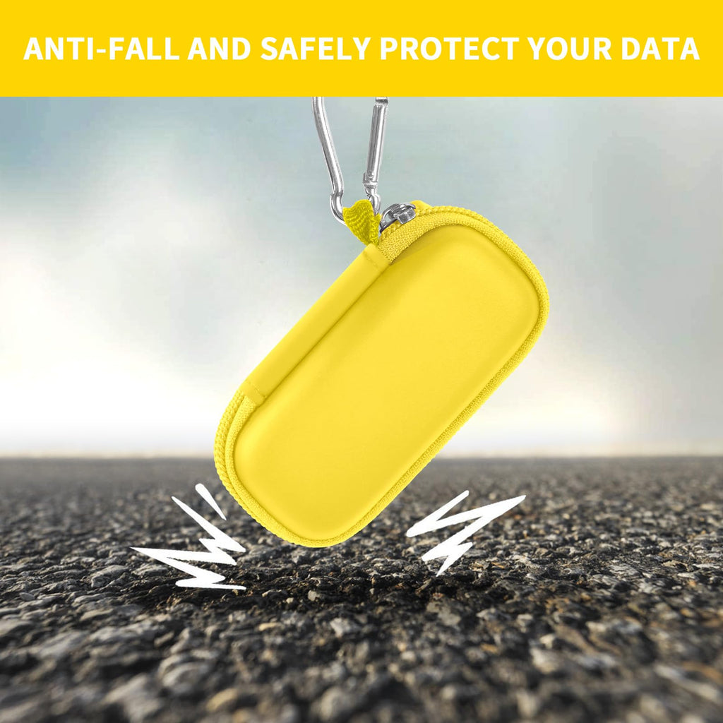 Yellow USB flash drive and SD card storage case drop-protection demonstration