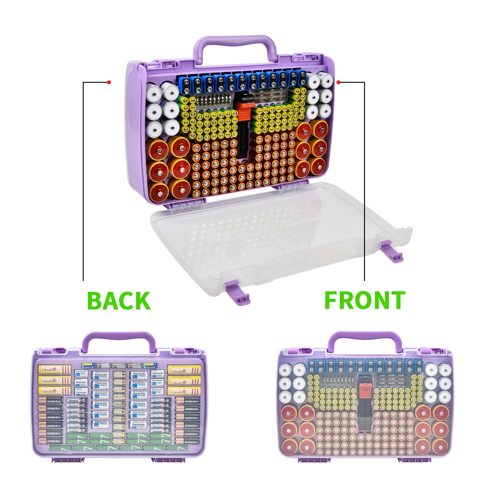 Purple 269-slot battery organizer case double-sided front and back storage layout