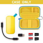 Open yellow and blue SanDisk SSD case with cable and memory cards; case only