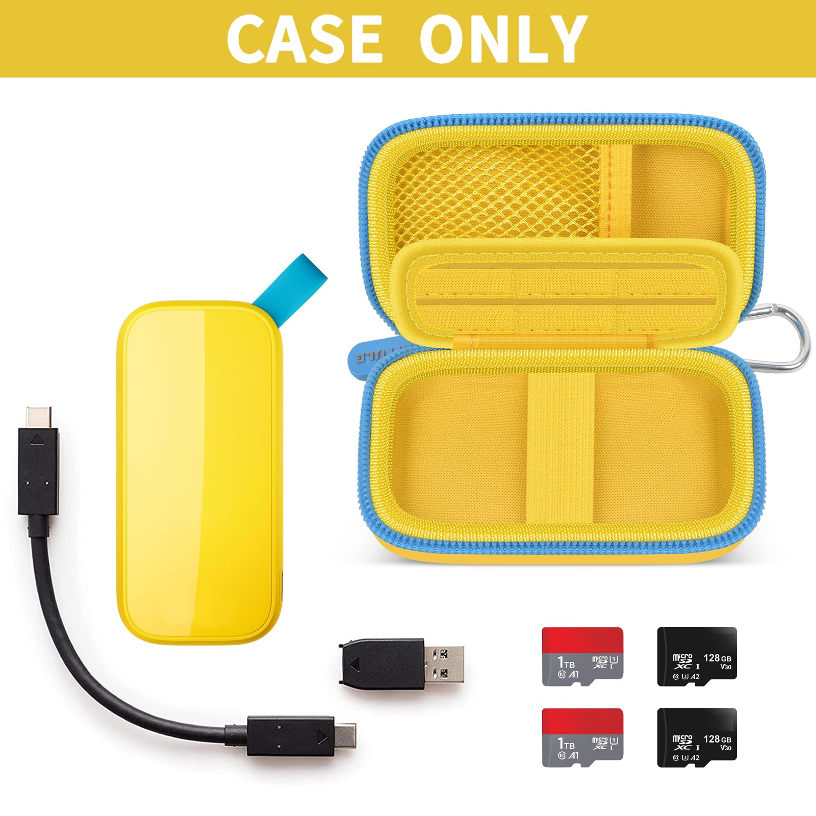 Open yellow and blue SanDisk SSD case with cable and memory cards; case only