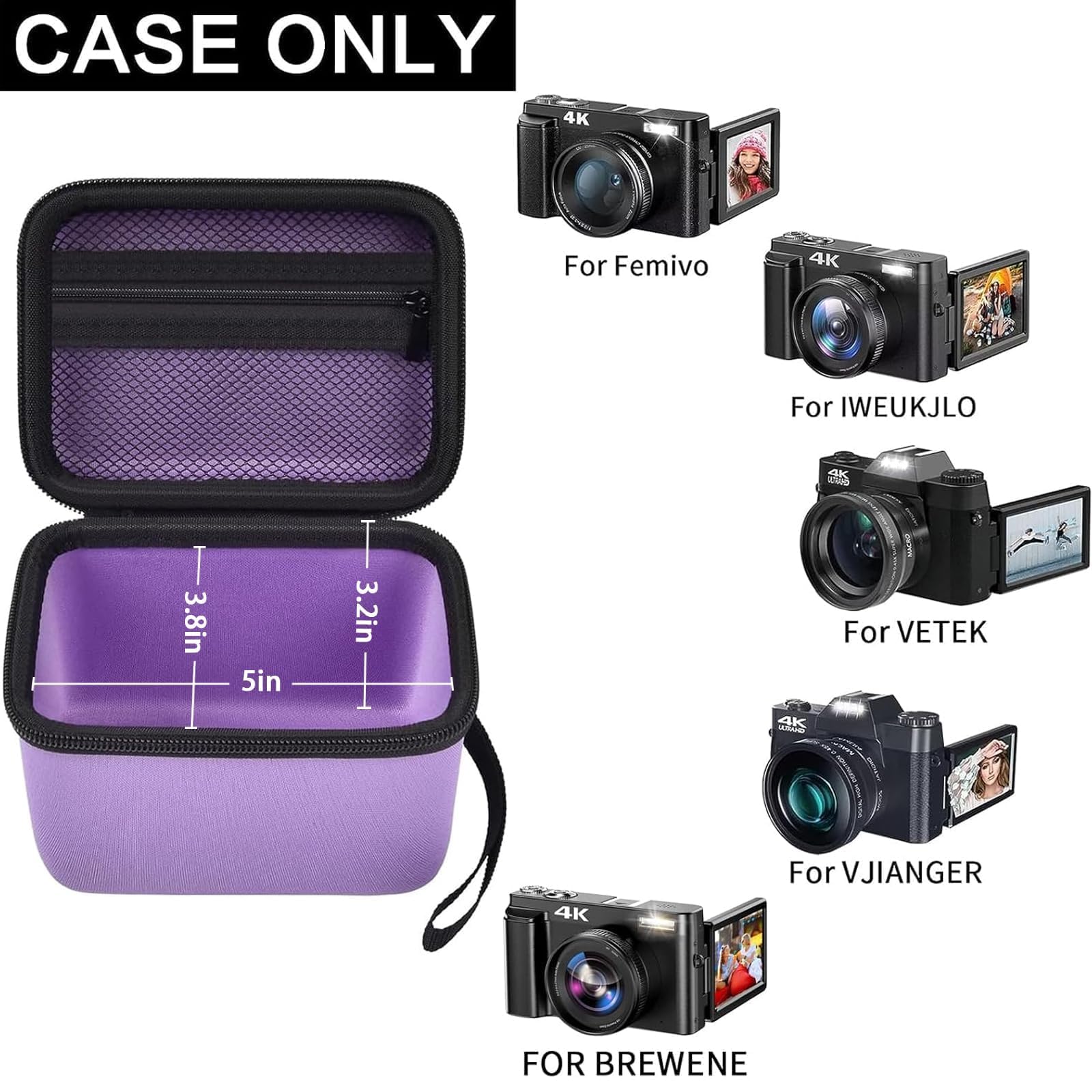 Open purple vlogging camera case with mesh pocket and adjustable interior; case only