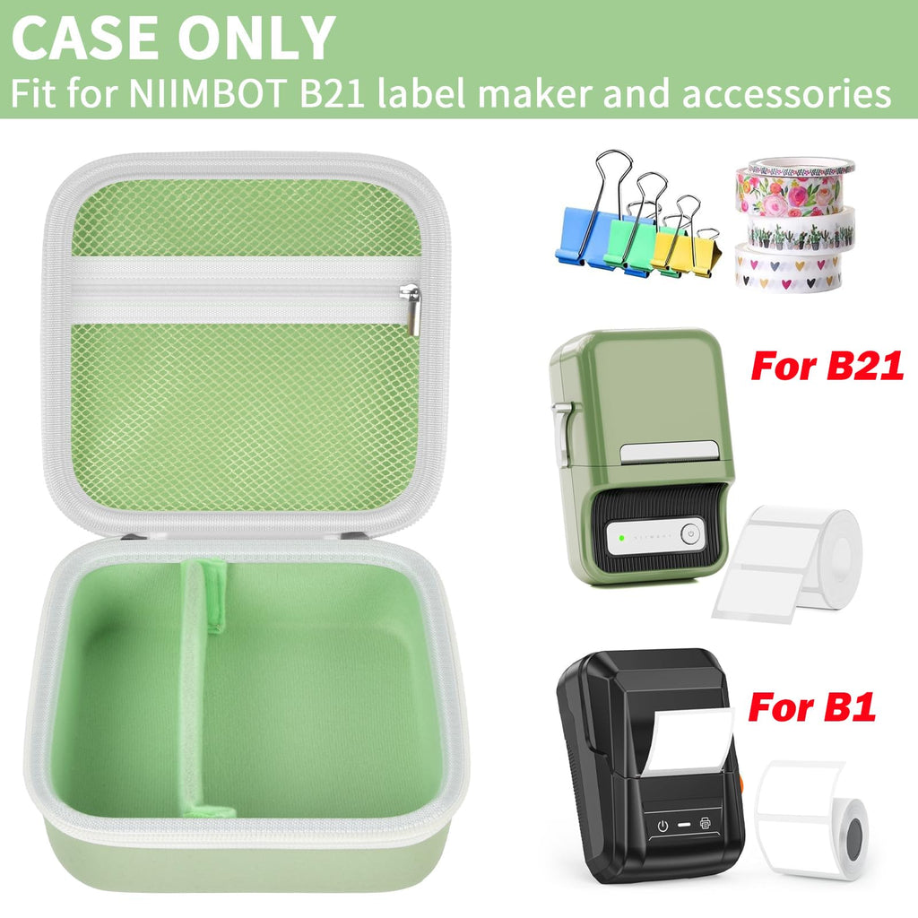 Open light green NIIMBOT B21 and B1 label maker case with mesh pocket and divided interior; case only