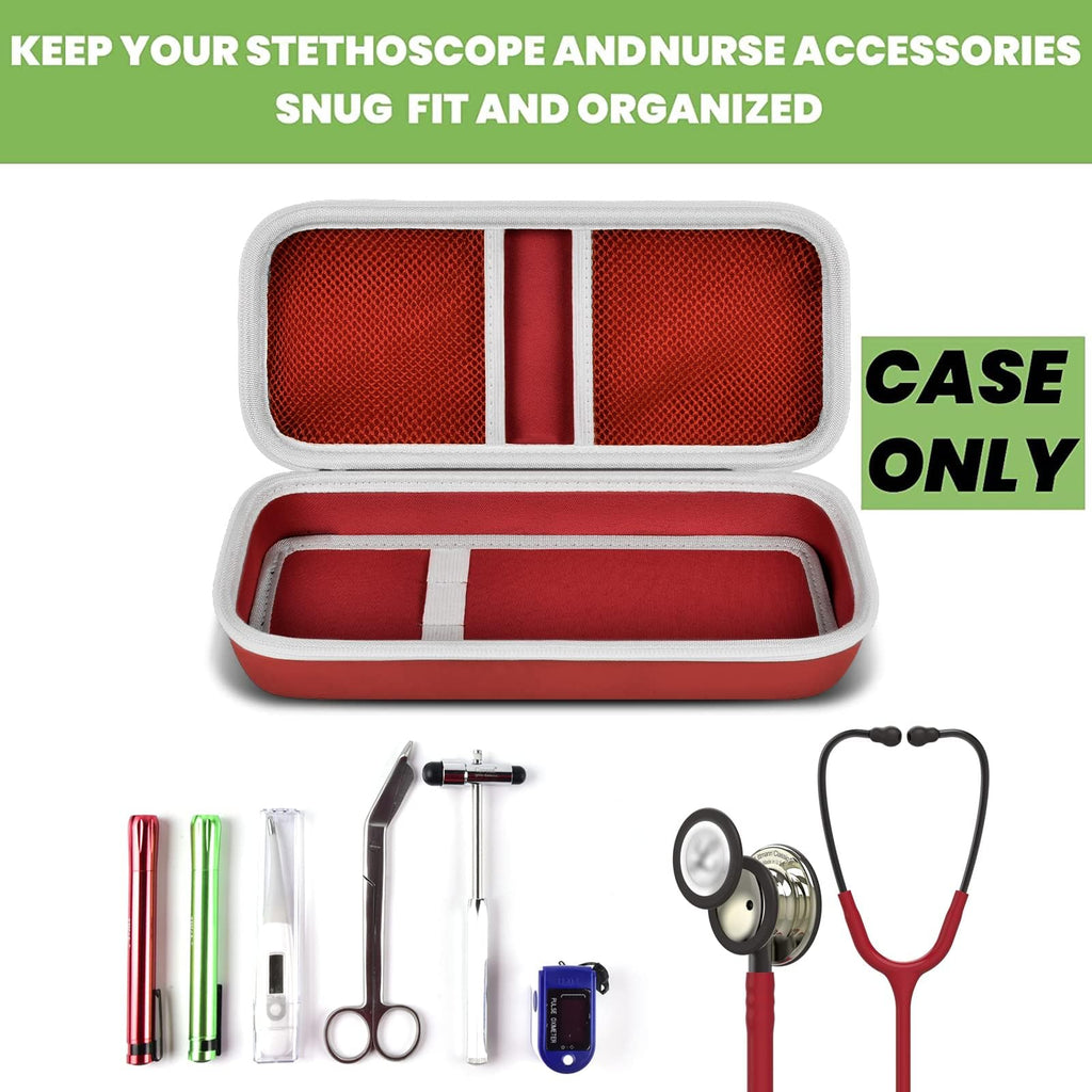 Open red hard stethoscope case with organized compartments for medical accessories