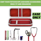 Open red hard stethoscope case with organized compartments for medical accessories