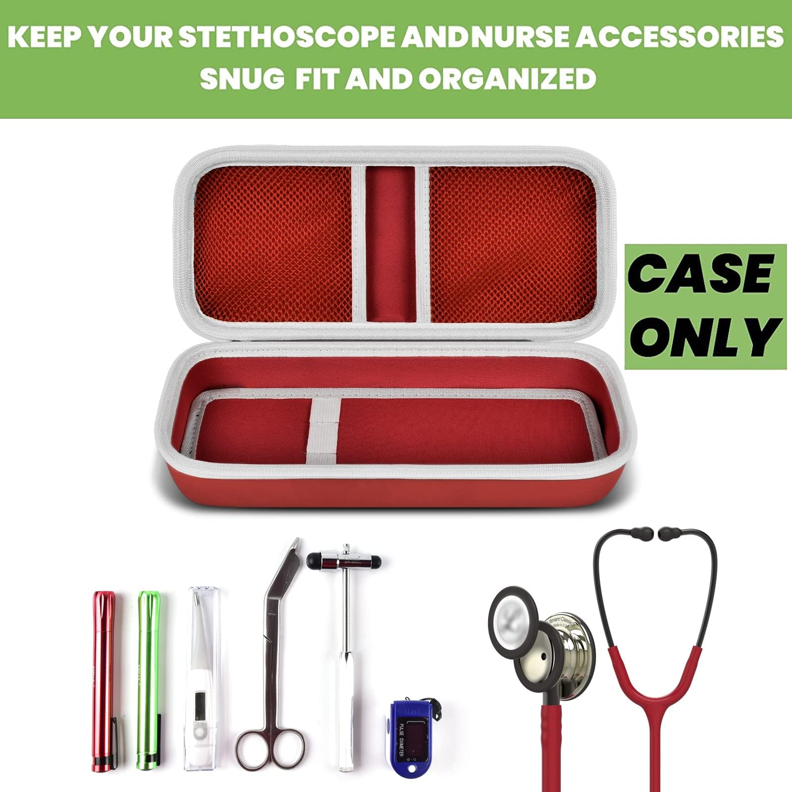 Open red hard stethoscope case with organized compartments for medical accessories