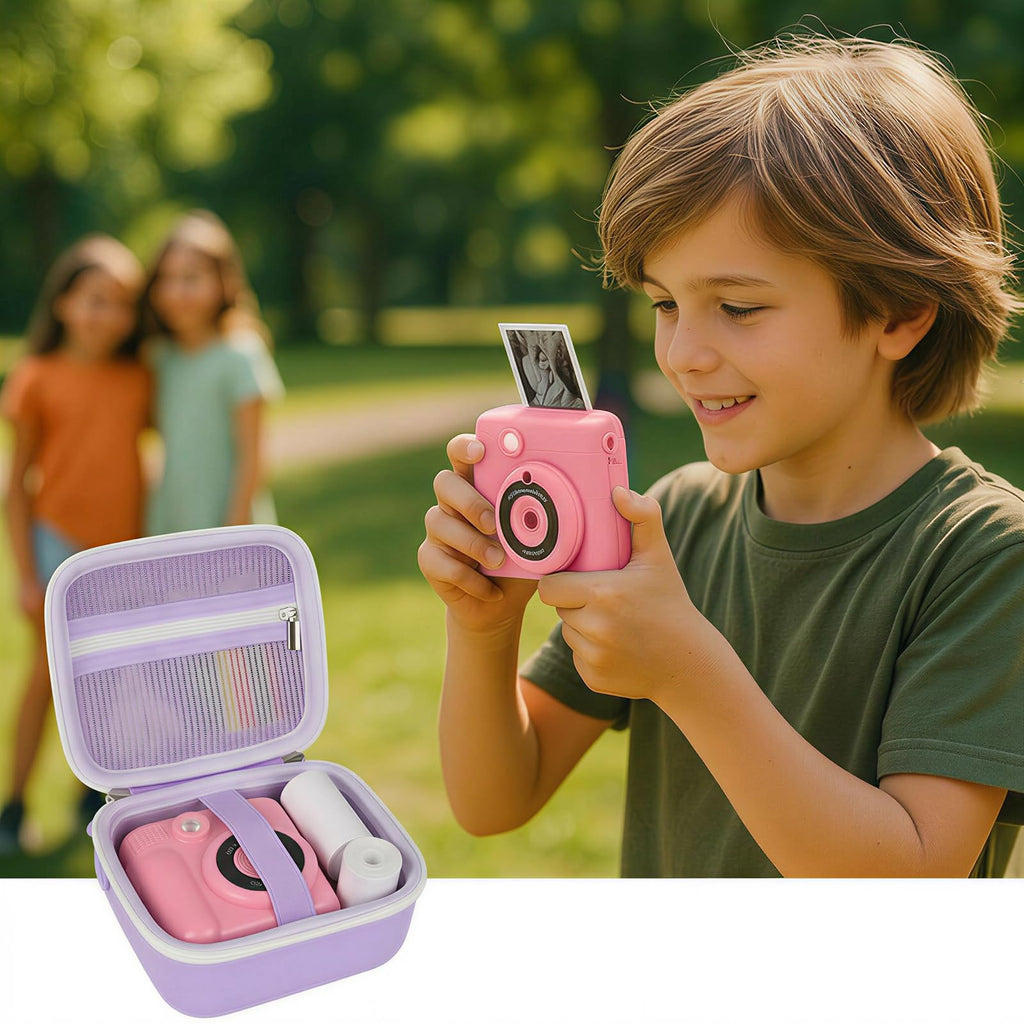 Lavender bear-shaped kids instant print camera case shown with a child using a compatible camera