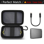 Open gray Crucial X9 and X10 portable SSD case with mesh cable pocket and elastic strap; case only